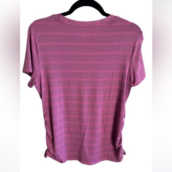Duluth Trading Shirt Womens Medium Short Sleeve Purple Striped Ruched
Sides - Picture 2 of 5